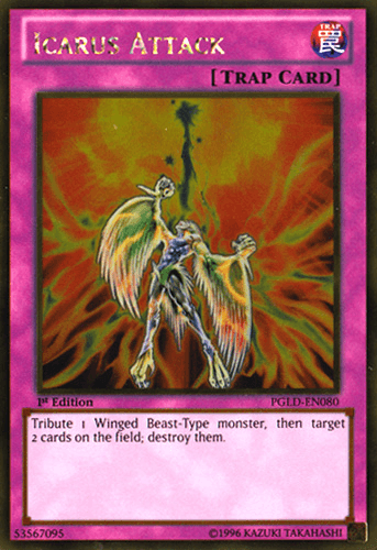 The Yu-Gi-Oh! card "Icarus Attack [PGLD-EN080] Gold Rare," featuring a Premium Gold finish, has a purple border and is a Normal Trap. The artwork shows a Winged Beast-Type monster emitting light and energy against fiery background elements. The text reads: "1st Edition" and "Tribute 1 Winged Beast-Type monster, then target 2 cards on the field; destroy them.