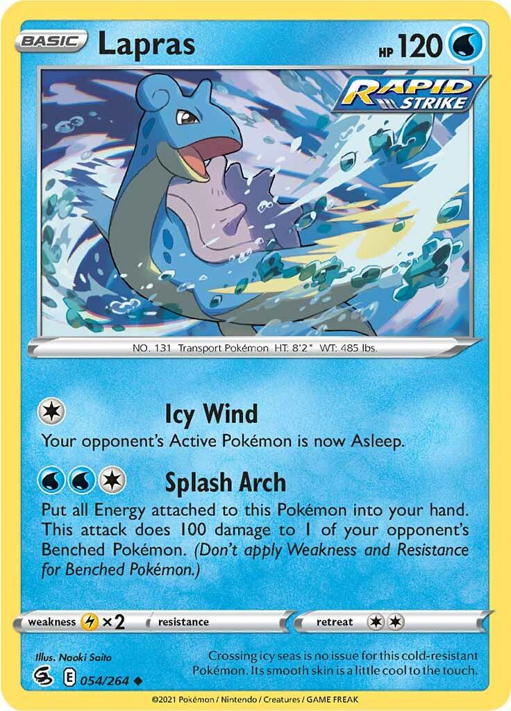 A Pokémon Lapras (054/264) [Sword & Shield: Fusion Strike] trading card featuring Lapras, a blue, aquatic Pokémon with a shell. It has 120 HP and is part of the Sword & Shield series. As a Rapid Strike card, it boasts two moves: 