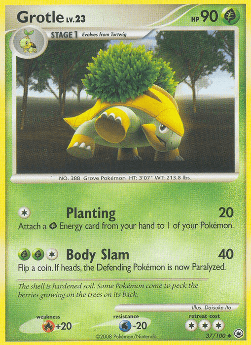 An image of a Grotle (37/100) [Diamond & Pearl: Majestic Dawn] card from the 2008 Pokémon Majestic Dawn series. Grotle, a grass-type Pokémon, is depicted in a grassy setting, evolving from Turtwig. Its moves include "Planting" and "Body Slam." The card displays 90 HP, its height (3'07"), weight (213.8 lbs), and number (