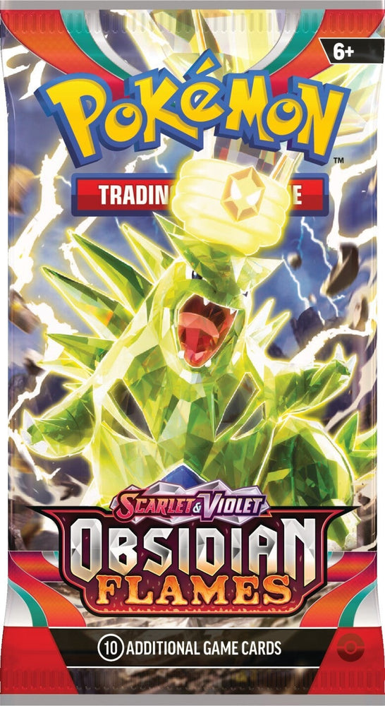 The Scarlet & Violet: Obsidian Flames Booster Pack from Pokémon displays a glowing green Tyranitar in flames beneath the "Pokémon" logo. Featuring Charizard ex, this pack contains 10 extra game cards and is suitable for ages 6 and up.