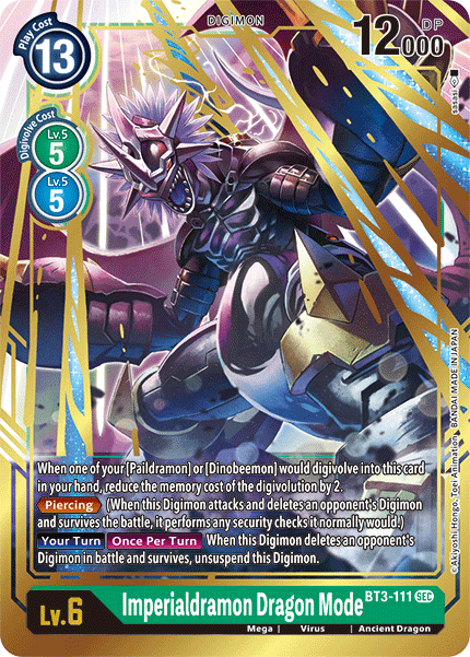 A Secret Rare Digimon trading card, Imperialdramon Dragon Mode [BT3-111] from the Release Special Booster Ver.1.5, features a formidable armored dragon in an action-packed pose against a green holofoil backdrop. This Lv. 6 Mega Virus card boasts a play cost of 13 and a DP of 12,000, showcasing its various abilities.