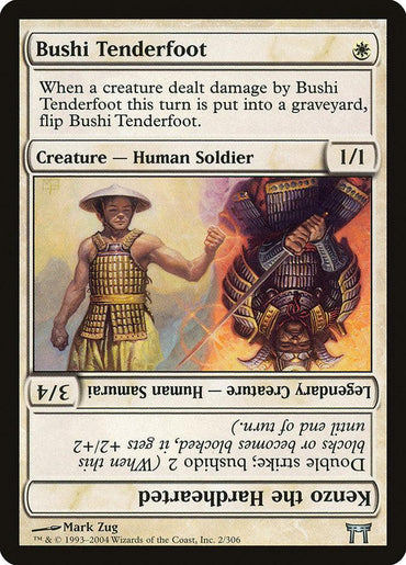 A Magic: The Gathering card named "Bushi Tenderfoot // Kenzo the Hardhearted [Champions of Kamigawa]" depicts a human soldier in traditional Japanese armor. With 1/1 power and toughness, its text states, "When a creature dealt damage by Bushi Tenderfoot this turn is put into a graveyard, flip Bushi Tenderfoot." On the flipped side is Kenzo the Hardhearted, a 3/4 legendary creature sam