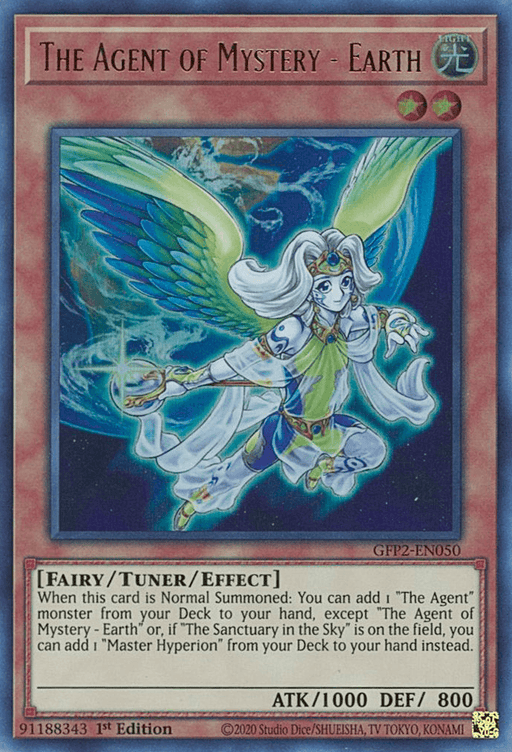 A Yu-Gi-Oh! trading card named "The Agent of Mystery - Earth [GFP2-EN050] Ultra Rare." The Ultra Rare card features an angelic figure with green and yellow wings, blue hair, and an ethereal outfit, flying in front of a celestial background. It's a 1st Edition Fairy/Tuner/Effect Monster with 1000 ATK and 800 DEF from Ghosts From the Past.