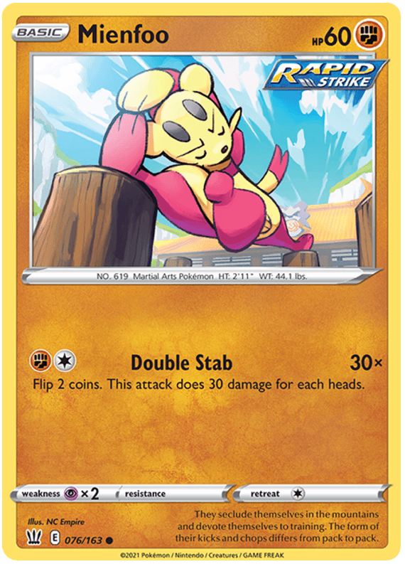 The image shows a Pokémon trading card of Mienfoo (076/163) [Sword & Shield: Battle Styles], a Martial Arts Pokémon from the Pokémon series. It's a yellow bipedal creature with red accents practicing fighting techniques in a mountainous area. The card features 