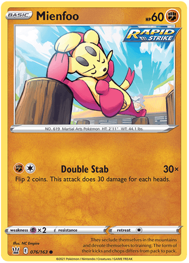 The image shows a Pokémon trading card of Mienfoo (076/163) [Sword & Shield: Battle Styles], a Martial Arts Pokémon from the Pokémon series. It's a yellow bipedal creature with red accents practicing fighting techniques in a mountainous area. The card features "Rapid Strike" and "Double Stab" moves, set against a vibrant background.