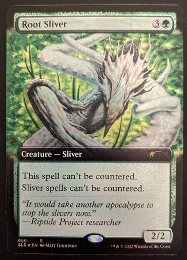 The Magic: The Gathering card "Root Sliver (Extended Art) [Secret Lair Drop Promos]" features a rare creature with a twisted, plant-like form and sharp, branch-like protrusions. Set against a green backdrop, the text prominently declares: "This spell can't be countered. Sliver spells can't be countered." It possesses power and toughness of 2/2 and is part of the Secret Lair Drop collection.