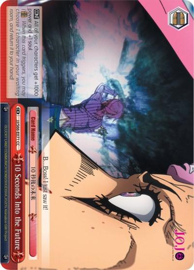 A trading card titled "10 Seconds Into the Future (JJ/S66-E071) [JoJo's Bizarre Adventure: Golden Wind]" by Bushiroad features an intense scene from JoJo's Bizarre Adventure: Golden Wind, showcasing two animated characters. One character, in the foreground, has an expression of shock and vigilance, while the other is seen in the background pointing with determination. Text and stats are displayed around the border.