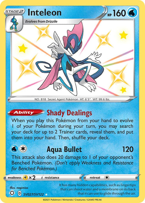A Pokémon trading card of Inteleon (SV027/SV122) [Sword & Shield: Shining Fates] with 160 HP. It's a Water Type, evolving from Drizzile. Abilities include Shady Dealings and the Aqua Bullet attack, which deals 120 damage and 20 to a benched Pokémon. The card's text and stats are at the bottom. Depicted in a dynamic pose, it's an Ultra Rare from the Shining Fates set by Pokémon.