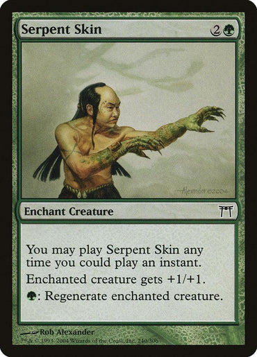 The image showcases a Magic: The Gathering card titled "Serpent Skin [Champions of Kamigawa]." The artwork features a shirtless man with long black hair, transforming into a serpent. This green enchantment costs 2G and enchants a creature, providing it with +1/+1 and the ability to regenerate for 1 green mana.