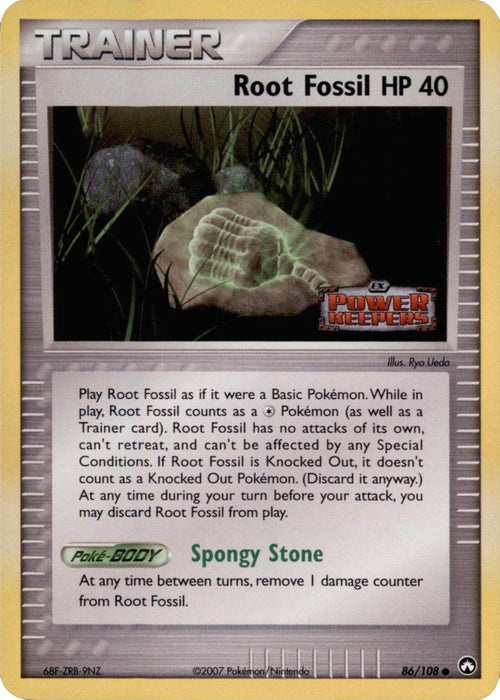 A Pokémon trading card titled "Root Fossil (86/108) (Stamped) [EX: Power Keepers]" from the EX: Power Keepers set. It features an image of a root fossil embedded in stone with roots spreading around. The common card has 40 HP and includes game instructions and effects. The bottom edge displays "86/108" and the "2007 Pokémon/Nintendo" copyright information.