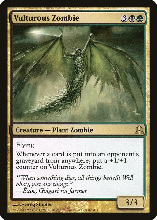 The "Vulturous Zombie [Commander 2011]" from Magic: The Gathering is a striking card. This flying Plant Zombie spreads its wings wide in an eerie setting, boasting a power and toughness of 3/3. It costs three generic mana, one black mana, and one green mana. Its ability lets it gain +1/+1 when a card goes into an opponent's graveyard.