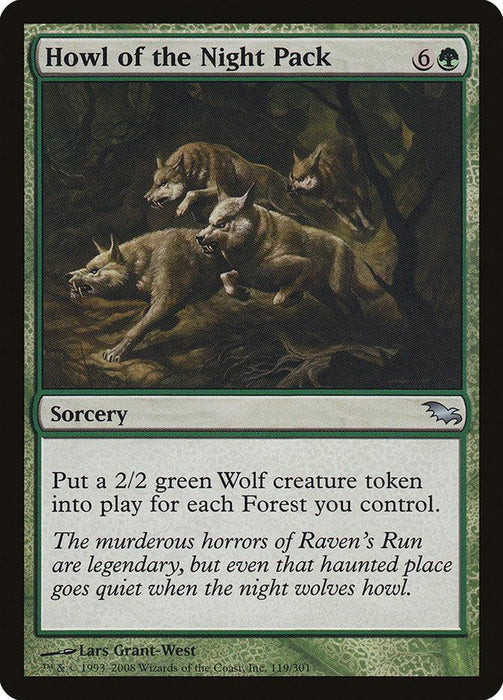 A Magic: The Gathering product named "Howl of the Night Pack [Shadowmoor]" depicts a pack of green wolves with glowing eyes running through a dark, eerie forest. This sorcery has a cost of 6 generic mana and 1 green mana, creating Wolf creature tokens based on the number of Forests you control.