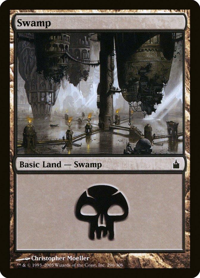 Magic: The Gathering card titled Swamp (296) [Ravnica: City of Guilds]. It showcases a fantasy landscape of a dark, foggy swamp with eerie, broken structures and floating debris. The text 