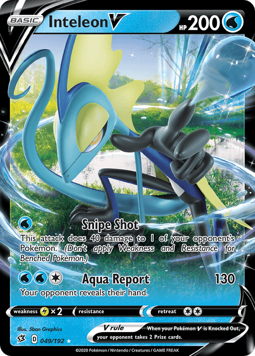 A trading card featuring Inteleon V (049/192) [Sword & Shield: Rebel Clash], a water-type Pokémon with 200 HP. Inteleon is depicted in a dynamic pose amidst a watery background. As an Ultra Rare card from the Rebel Clash set of Sword & Shield, it details two attacks: "Snipe Shot" and "Aqua Report." Card text and attributes are visually present on the card.

Brand name: Pokémon