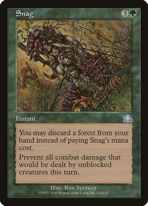 A Magic: The Gathering card named "Snag [Prophecy]." It features dark, twisted fantasy artwork of an armored figure ensnaring a creature with tentacle-like appendages. The Forest-bordered Instant card has text that describes its abilities. The cost to play this Instant card is 3 mana of any color and 1 green mana.