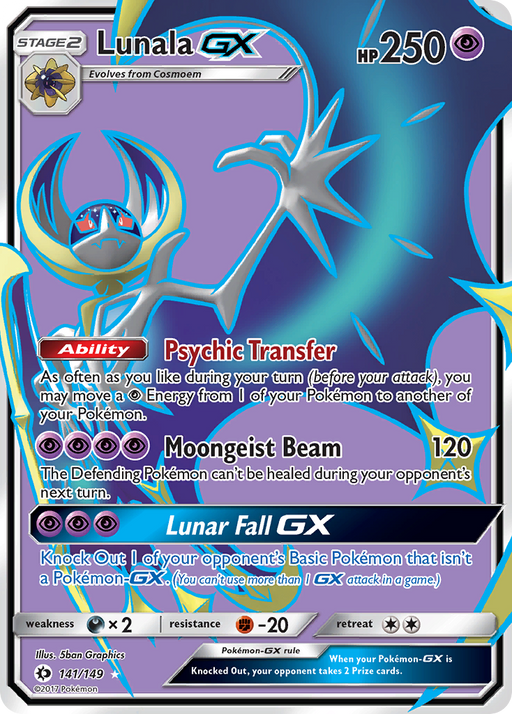 Here is the revised sentence using the given product data:

An image of a Pokémon Lunala GX (141/149) Trading Card from the Sun & Moon: Base Set. This Ultra Rare card boasts 250 HP and features the ability "Psychic Transfer" along with the attacks "Moongeist Beam" and "Lunar Fall GX." The holographic design showcases a blue and purple cosmic background.