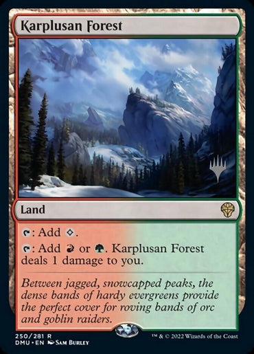 A Magic: The Gathering card titled "Karplusan Forest (Promo Pack) [Dominaria United Promos]" showcases a snowy, mountainous landscape with evergreen trees. As part of Dominaria United Promos, its abilities include adding red or green mana at the cost of 1 damage to the player. The flavor text mentions orc and goblin raiders.