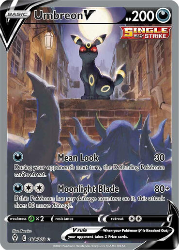 The image is of an **Umbreon V (189/203) [Sword & Shield: Evolving Skies]** from **Pokémon**. It features an Umbreon standing on a cobblestone path at night with glowing yellow rings on its body, capturing the essence of darkness. The card's attacks are Mean Look and Moonlight Blade, boasting 200 HP and being a Single Strike type. The card number is 189/203.