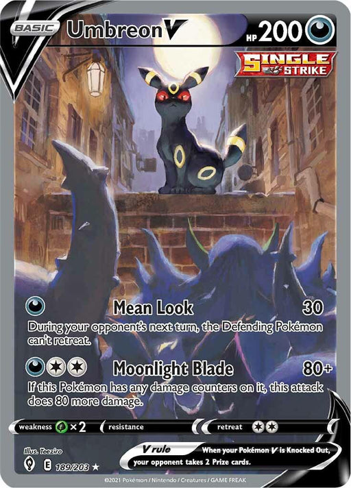 The image is of an **Umbreon V (189/203) [Sword & Shield: Evolving Skies]** from **Pokémon**. It features an Umbreon standing on a cobblestone path at night with glowing yellow rings on its body, capturing the essence of darkness. The card's attacks are Mean Look and Moonlight Blade, boasting 200 HP and being a Single Strike type. The card number is 189/203.