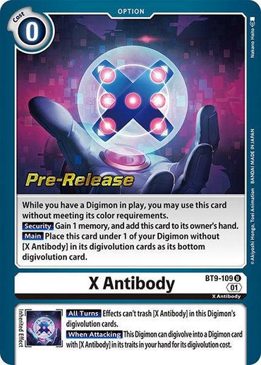 Pre-Release Promo Digimon card titled "X Antibody [BT9-109] [X Record Pre-Release Promos]" from the BT9-109 set. The card displays an image of a glowing blue and purple orb with a prominent "X" symbol at its center, detailing its abilities, conditions, and effects when used in play.