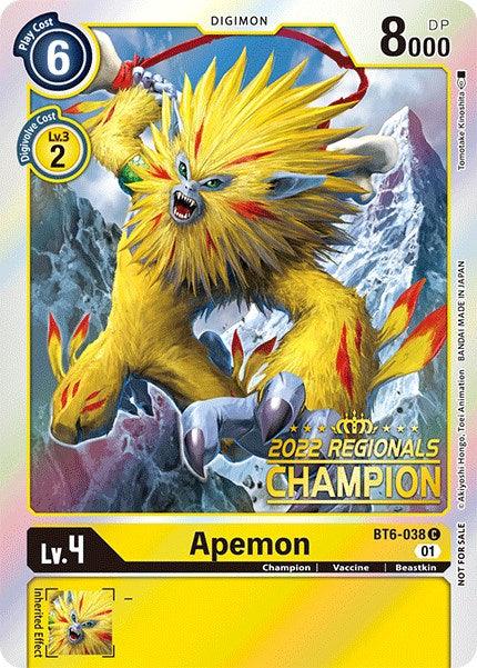 A Digimon card named Apemon [BT6-038] (2022 Championship Online Regional) (Online Champion) from the Double Diamond Promos collection. This Beastkin card showcases Apemon, a fierce yellow and grey ape with long claws, sharp teeth, and an armored belt. It bears the "2022 Regionals Champion" emblem and has attributes of Level 4, DP 8000, Play Cost 6, and Digivolve Cost 2 from a Level 3 Digimon.