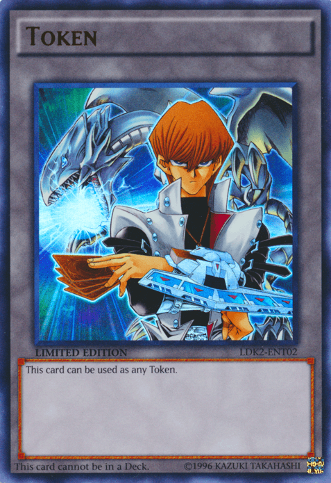 A Yu-Gi-Oh! Token (Kaiba) [LDK2-ENT02] Ultra Rare card from the Legendary Decks II collection featuring a character in the center, wearing a white and silver outfit, holding a blue and silver card device. Two dragon figures, one blue and one silver, are visible behind the character. The Ultra Rare card has a 