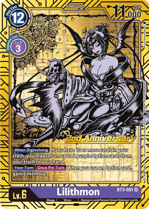 A Digimon card featuring Lilithmon [BT3-091] from the 2nd Anniversary Card Set of Release Special Booster Promos by Digimon, a Super Rare black and white Demon Lord character with bat wings and a crown, set against a complex, ornate background. The card includes various stats and abilities like play cost, level, and special effects. "2nd Anniversary" is prominently displayed at the bottom.