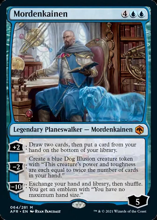 The image shows a Magic: The Gathering product named "Mordenkainen [Dungeons & Dragons: Adventures in the Forgotten Realms]," a Legendary Planeswalker from Dungeons & Dragons with a mana cost of 4 blue blue and starting loyalty of 5. The product's abilities include drawing and exchanging cards and creating a blue Dog Illusion token. The artwork depicts Mordenkainen, seated in his grand study with mystical light surrounding him.