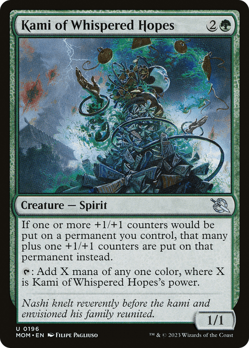 A Magic: The Gathering card titled "Kami of Whispered Hopes [March of the Machine]" features an illustration of a majestic spirit adorned with glowing beads, vines, and foliage. This creature stands on rocks with a mystical background of swirling lights. The card text details its abilities, complemented by flavor text at the bottom.