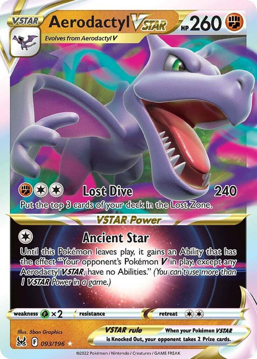A Pokémon card named Aerodactyl VSTAR (093/196) [Sword & Shield: Lost Origin] with 260 HP from the Sword & Shield: Lost Origin set. This Ultra Rare card features Aerodactyl, a purple, prehistoric bird-like Pokémon roaring mightily. It boasts two attacks: "Lost Dive" (240 damage) and "Ancient Star" VSTAR Power. The card's number is 093/196.
