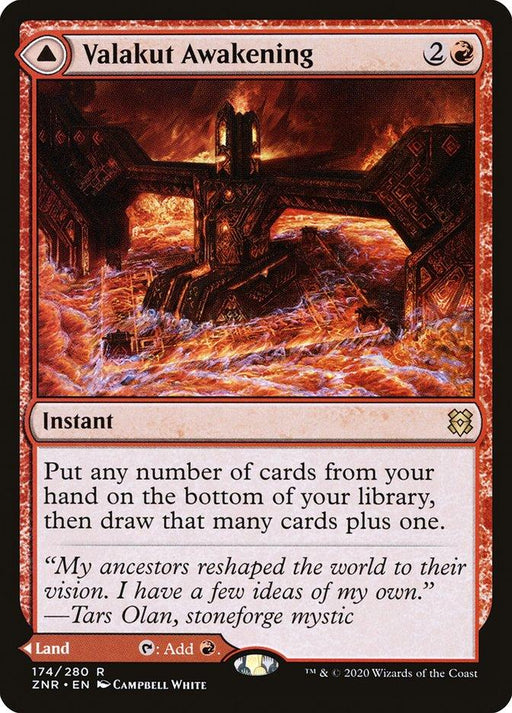 A "Magic: The Gathering" card from Zendikar Rising titled "Valakut Awakening // Valakut Stoneforge [Zendikar Rising]." This rare instant spell costs two colorless and one red mana. The artwork depicts a fiery, volcanic landscape with streams of molten rock, centered on a large, ancient construct known as the Valakut Stoneforge.