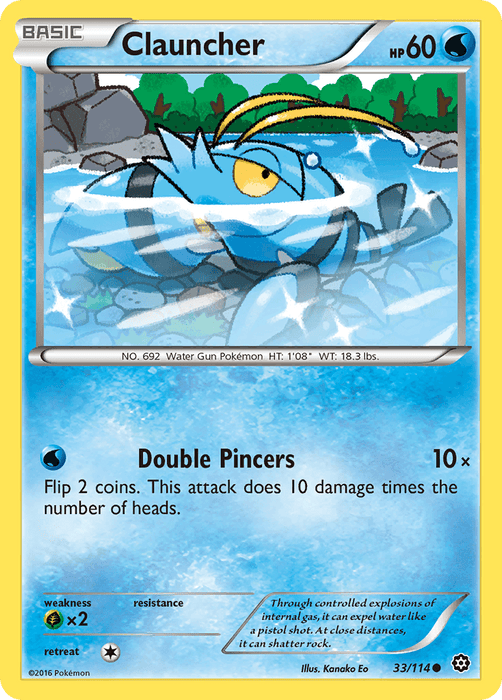 Image of a Clauncher (33/114) [XY: Steam Siege] Pokémon card. Clauncher, a blue shrimp-like creature with large pincers, is illustrated underwater with rocks and plants in the background. This Water type card has 60 HP and features the move "Double Pincers," which can deal damage based on coin flips. It is part of XY: Steam Siege and is number 33/114.