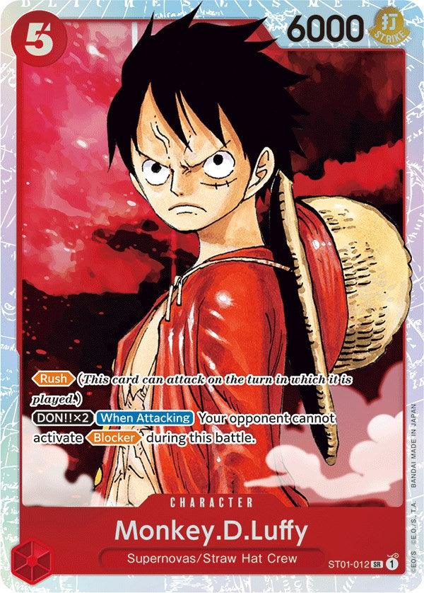 The image showcases a colorful character card of Monkey D. Luffy from the anime 