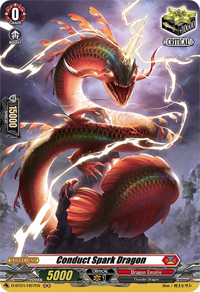 Amidst a stormy, lightning-filled sky coils the majestic serpent-like dragon known as "Conductark Dragon," with scales that display vibrant hues of red and gold. This Grade 0 Trigger Unit card from Bushiroad is part of the Genesis of the Five Greats series, boasts a power of 5000, and belongs to the Dragon Empire clan.