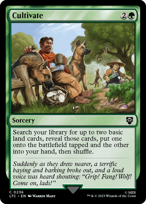 An illustration shows a rugged man sitting on a log, holding a staff, with two German Shepherd dogs alert and growling nearby. In the background, two workers tend to crops. The card's title is "Cultivate [The Lord of the Rings: Tales of Middle-Earth Commander]," a Magic: The Gathering sorcery card from The Lord of the Rings: Tales of Middle-Earth set, featuring green mana cost symbols in the top right corner.