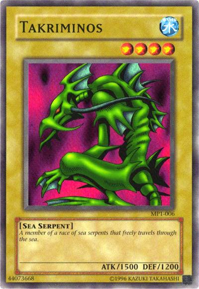 A Yu-Gi-Oh! trading card titled "Takriminos [MP1-006] Super Rare." This Super Rare card features an illustration of a green, dragon-like sea serpent with sharp claws and spikes. The creature is shown on a purple and red background. As a Normal Monster, the card's attributes include 1500 ATK and 1200 DEF, along with an attribute icon in the upper-right corner.