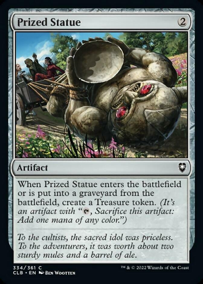 A Magic: The Gathering card titled "Prized Statue [Commander Legends: Battle for Baldur's Gate]" from Magic: The Gathering features a large, cracked stone statue hauled by oxen through a lush landscape. This 2-cost artifact creates a Treasure token when it enters or leaves the battlefield, and has flavor text valuing it differently to cultists and adventurers alike.