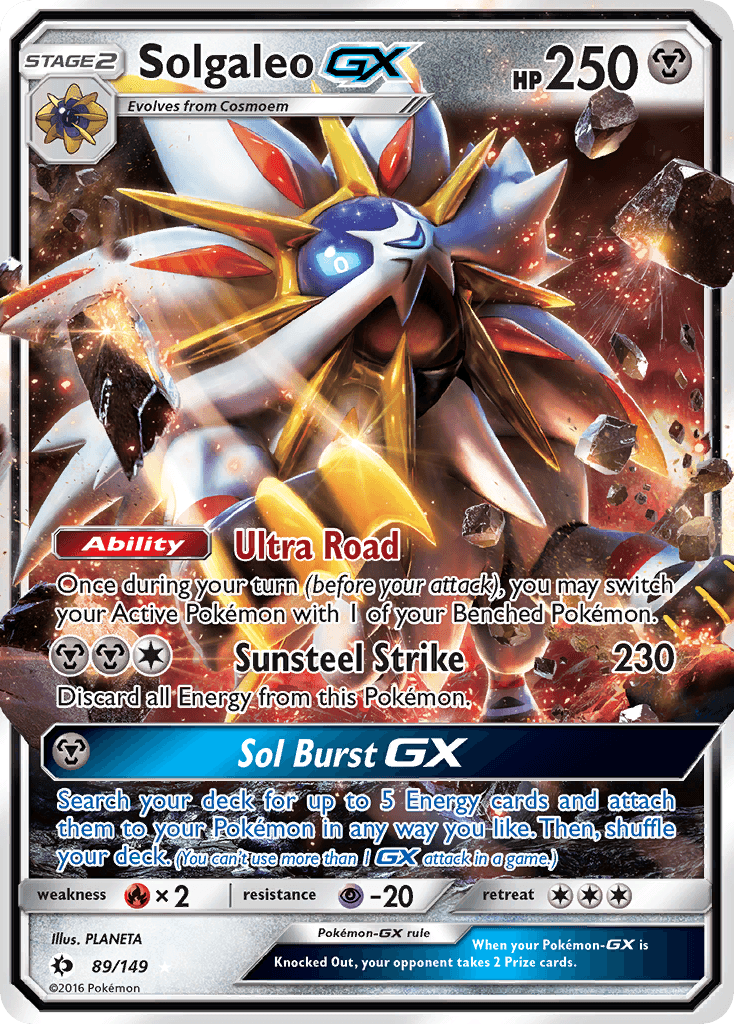 A Pokémon trading card depicting Solgaleo GX (89/149) [Sun & Moon: Base Set] from the Sun & Moon series. This Ultra Rare card has 250 HP, evolves from Cosmoem, and is of the Psychic type. It features the 