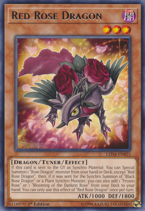 A "Red Rose Dragon [LED4-EN025] Rare" Yu-Gi-Oh! trading card. The card features an armored dragon with rose motifs and dual roses on its back. The dragon has a black and silver color scheme and is depicted flying. The card text elaborates on the effects and special summoning conditions for this Rose Dragon Monster. ATK/1000 DEF/1800.
