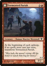 The "Tormented Pariah // Rampaging Werewolf [Innistrad]" Magic: The Gathering card features a dark, foggy scene of an Innistrad village under a crescent moon. In the foreground, a Human Warrior Werewolf lurks as villagers with weapons pursue or threaten someone. The lower portion of the card contains detailed descriptions of abilities and flavor text, prominently displayed against a backdrop dominated by red and orange hues.