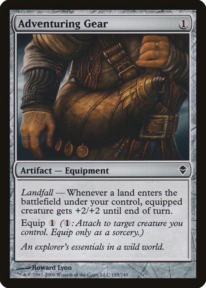 The Magic: The Gathering card "Adventuring Gear [Zendikar]" features a rugged explorer clutching a rope, outfitted with various gear. Its black border highlights the "Landfall" and "Equip" abilities, complemented by flavor text that underscores the spirit of exploration.