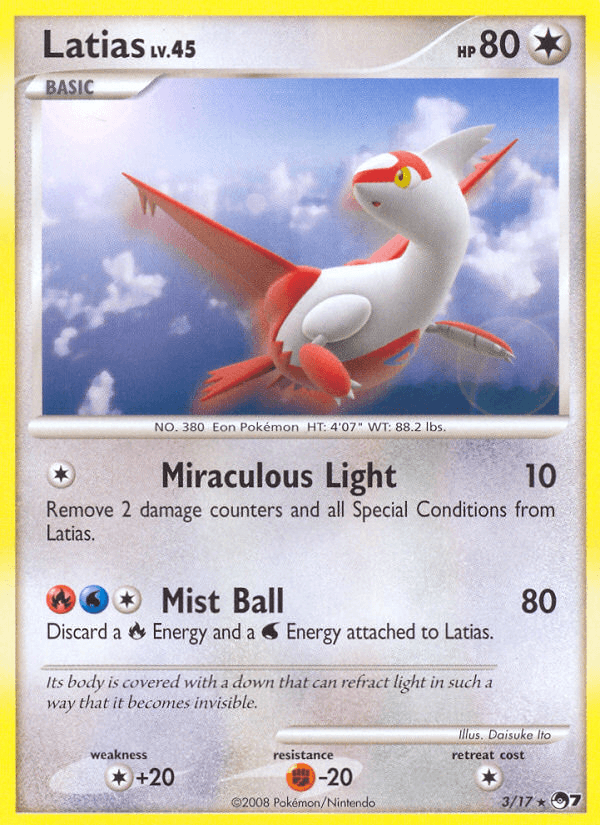 The image showcases a rare trading card from the Pokémon brand, specifically Latias (3/17) from POP Series 7. This card features Latias, a dragon-like creature with red and white coloring, boasting 80 HP and possessing the moves 