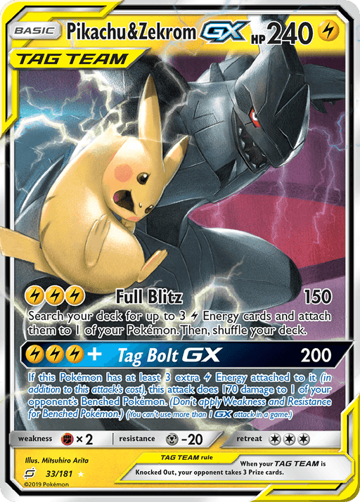A Pokémon trading card featuring Pikachu & Zekrom GX (33/181) [Sun & Moon: Team Up] with 240 HP. This Ultra Rare Tag Team card has a striking lightning-themed design. Pikachu is shown unplugging a bolt of electricity, while Zekrom stands behind. Attacks: "Full Blitz" does 150 damage, "Tag Bolt GX" does 200 damage. Weakness: