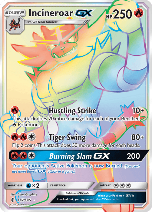 A Secret Rare Pokémon trading card for "Incineroar GX (147/145) [Sun & Moon: Guardians Rising]" with 250 HP. It evolves from Torracat and belongs to the Stage 2 category. Its moves include Hustling Strike, Tiger Swing, and Burning Slam GX. The card also displays the Pokémon's types, weaknesses, resistance, and retreat cost. Card number is 147/145 from the Sun & Moon series.
