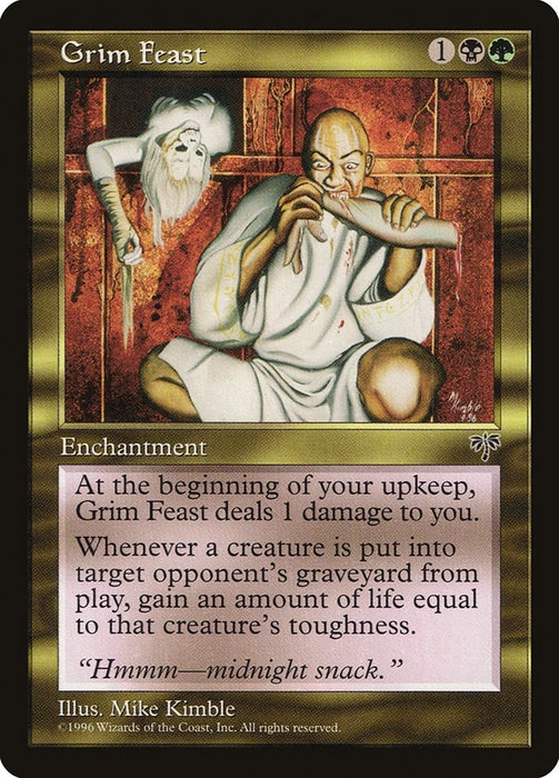 The Magic: The Gathering card "Grim Feast [Mirage]" is a rare enchantment depicting an old man with white hair and beard reaching out, while a bald man eats a bone on a red chair. The card costs one black and one green mana and features artwork by Mike Kimble.