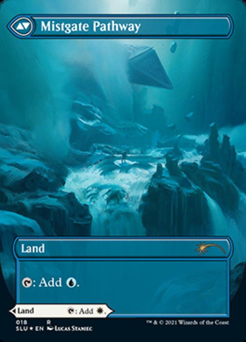 The image depicts a Magic: The Gathering card titled "Hengegate Pathway // Mistgate Pathway (Borderless) [Secret Lair: Ultimate Edition 2]." Part of the Secret Lair series, the card's art shows a mystical, underwater pathway with floating geometric shapes and an ethereal blue light. Text on the card includes the title, card type "Land," and mana abilities indicating it can add colorless or blue mana.