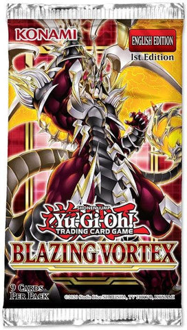 Yu-Gi-Oh!'s Blazing Vortex, a 1st Edition booster box, features an Armed Dragon in red and black armor with wings and claws, against a fiery backdrop. It includes 9 Cards Per Pack and the Konami logo.