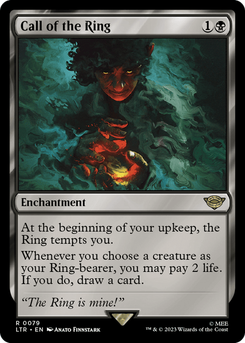 A Magic: The Gathering card titled "Call of the Ring [The Lord of the Rings: Tales of Middle-Earth]" from Magic: The Gathering. This Enchantment card, costing one generic and one black mana, depicts a sinister figure holding a glowing ring. It features the Ring mechanic and a drawing opportunity. Flavour text reads, "The Ring is mine!