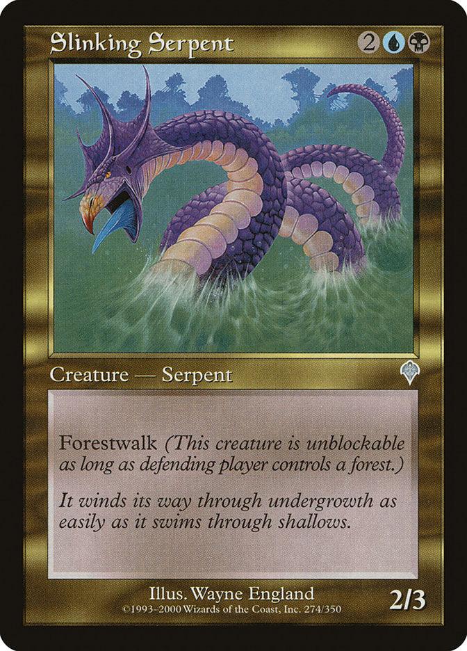 The Magic: The Gathering card "Slinking Serpent [Invasion]," illustrated by Wayne England, features a menacing purple creature with multiple heads emerging from misty water. It has a casting cost of 2, one blue mana, and one green mana. The card boasts Forestwalk with a power/toughness rating of 2/3.