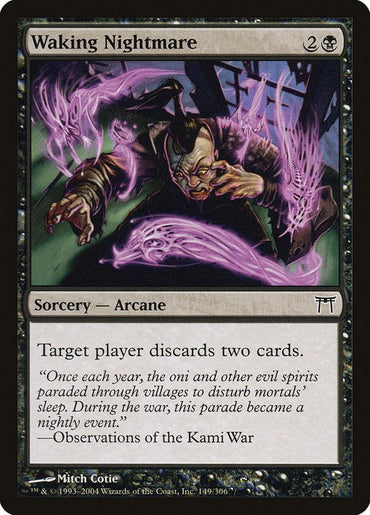 Introducing the Magic: The Gathering card "Waking Nightmare" from the Champions of Kamigawa set. This Arcane Sorcery, with its distinct black border, showcases eerie artwork depicting a grotesque creature ensnared in purple energy, directing its sinister power towards a cowering man. The card's effect reads: "Target player discards two cards.”